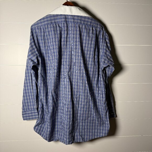 Bill Blass Button Down White Collared Dress Shirt, Blue White Plaid, 16.5x32-33 - Picture 3 of 6